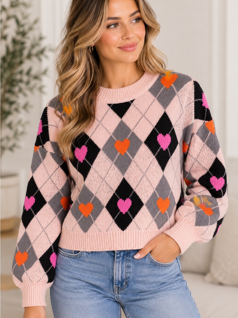THML Heart Argyle Sweater Women’s Small Pink Orange Preppy Knit Pullover